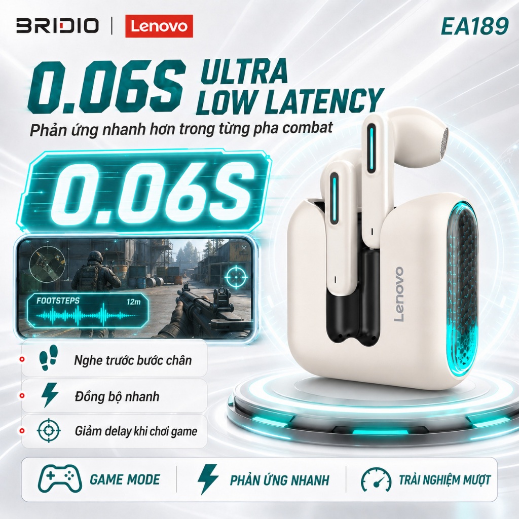 Tai nghe Lenovo EA189 Bluetooth 6.0 TWS Gaming Độ Trễ Thấp Siêu Bass Chống Ồn ENC Pin Trâu Mic HD
