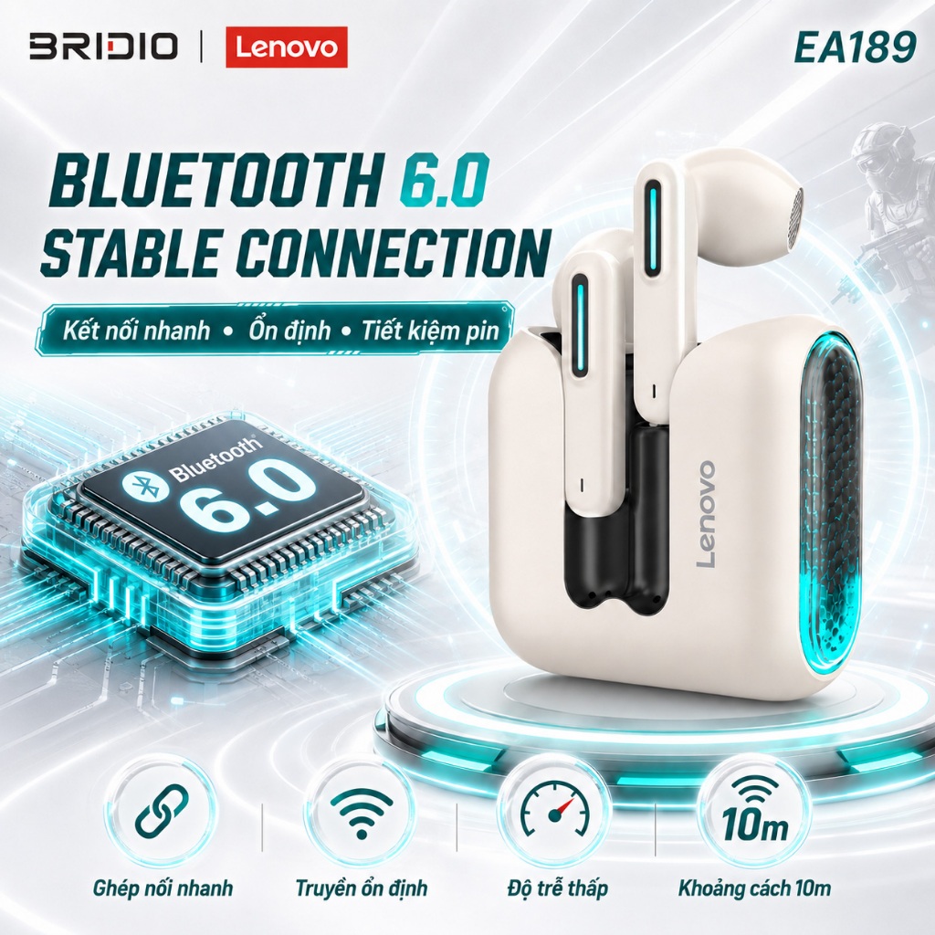 Tai nghe Lenovo EA189 Bluetooth 6.0 TWS Gaming Độ Trễ Thấp Siêu Bass Chống Ồn ENC Pin Trâu Mic HD