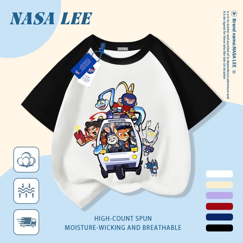 [Giao hàng trong ngày] Áo thun Cotton nguyên chất màu trắng cho trẻ em NASA Áo thun Cotton thoáng khí hoạt hình động vật ô tô in xu hướng 3-16 tuổi bé trai bé gái tay ngắn thông thường