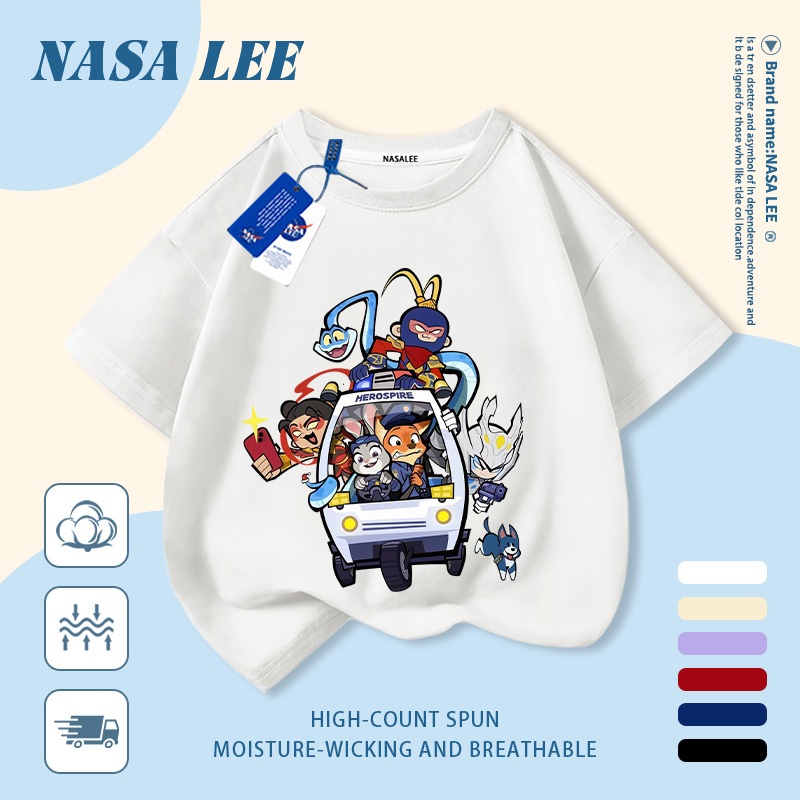 [Giao hàng trong ngày] Áo thun Cotton nguyên chất màu trắng cho trẻ em NASA Áo thun Cotton thoáng khí hoạt hình động vật ô tô in xu hướng 3-16 tuổi bé trai bé gái tay ngắn thông thường