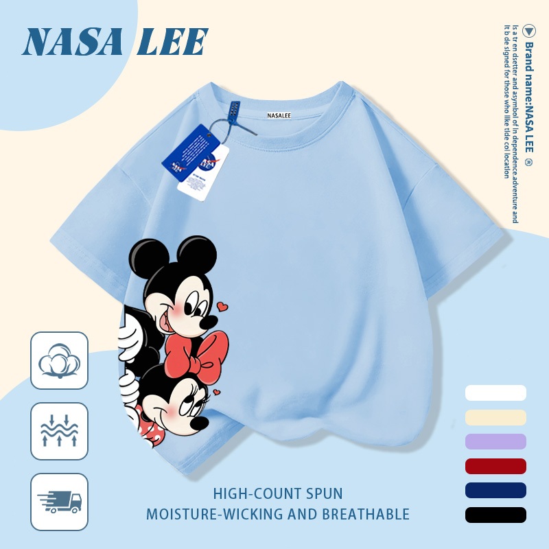 [Giao hàng trong ngày] Áo thun Cotton trắng nguyên chất thoáng khí cho trẻ em NASA Phim hoạt hình Mickey Minnie In hợp thời trang 3-16 tuổi Bé trai bé gái tay ngắn thông thường
