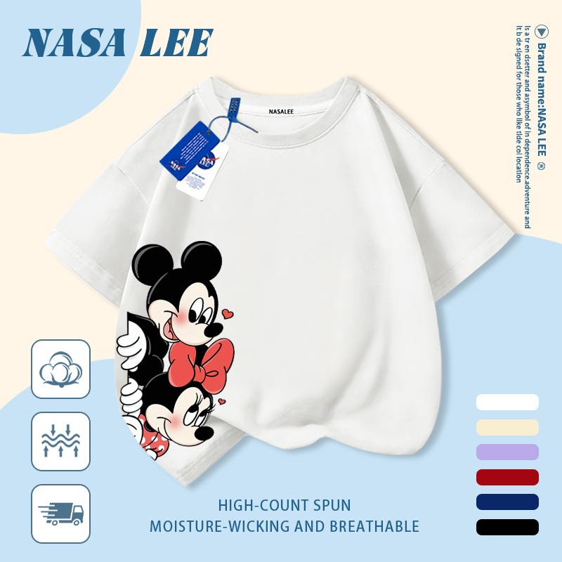 [Giao hàng trong ngày] Áo thun Cotton trắng nguyên chất thoáng khí cho trẻ em NASA Phim hoạt hình Mickey Minnie In hợp thời trang 3-16 tuổi Bé trai bé gái tay ngắn thông thường