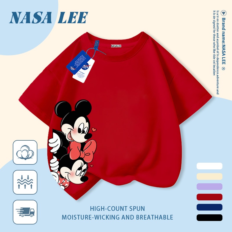 [Giao hàng trong ngày] Áo thun Cotton trắng nguyên chất thoáng khí cho trẻ em NASA Phim hoạt hình Mickey Minnie In hợp thời trang 3-16 tuổi Bé trai bé gái tay ngắn thông thường