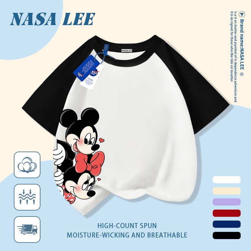 [Giao hàng trong ngày] Áo thun Cotton trắng nguyên chất thoáng khí cho trẻ em NASA Phim hoạt hình Mickey Minnie In hợp thời trang 3-16 tuổi Bé trai bé gái tay ngắn thông thường