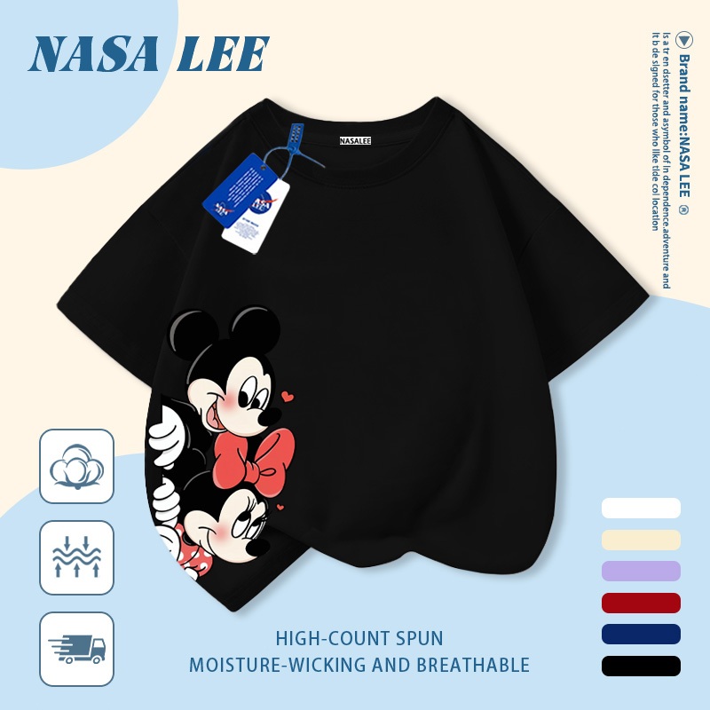 [Giao hàng trong ngày] Áo thun Cotton trắng nguyên chất thoáng khí cho trẻ em NASA Phim hoạt hình Mickey Minnie In hợp thời trang 3-16 tuổi Bé trai bé gái tay ngắn thông thường