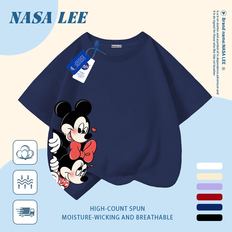 [Giao hàng trong ngày] Áo thun Cotton trắng nguyên chất thoáng khí cho trẻ em NASA Phim hoạt hình Mickey Minnie In hợp thời trang 3-16 tuổi Bé trai bé gái tay ngắn thông thường