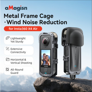Lồng khung kim loại aMagicsn cho Insta360 X4 Vỏ bảo vệ giảm tiếng ồn gió không khí có bộ chuyển đổi từ tính hoặc túi lưu trữ Phụ kiện máy ảnh chống trầy xước