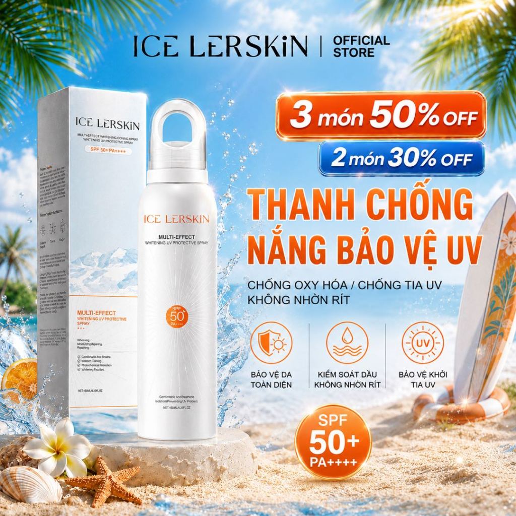 Xịt Chống Nắng ICE LERSKIN Bảo vệ khỏi tia UV, chống nắng suốt ngày SPF 50+ PA++++ Dành cho mặt và body