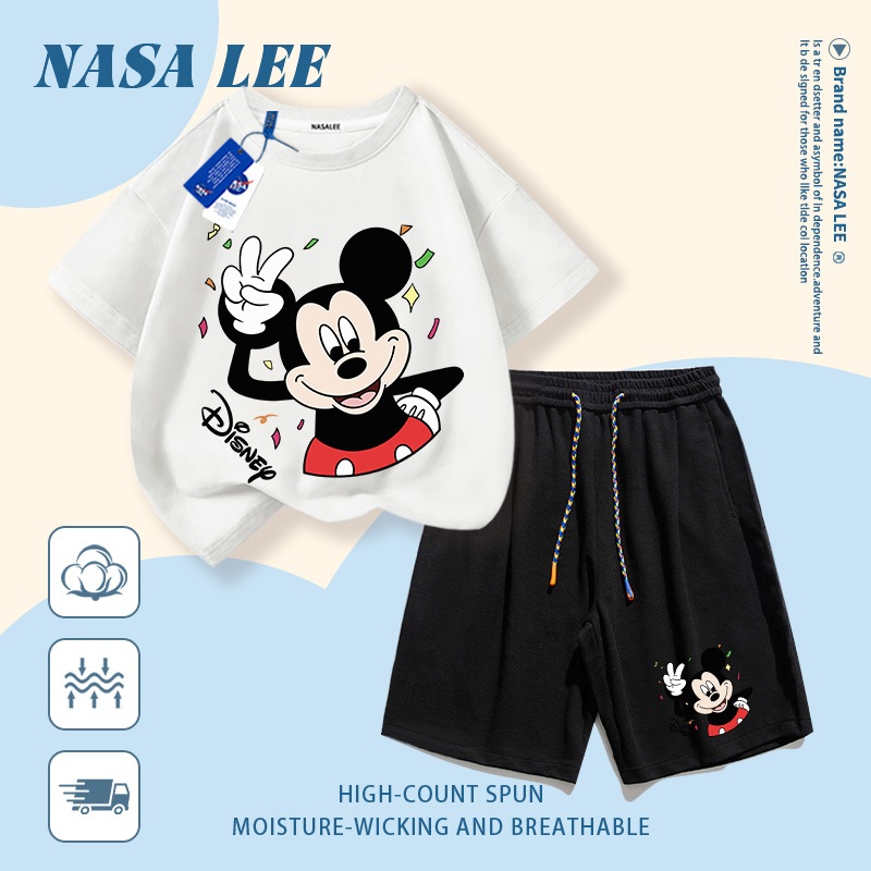 [Giao hàng trong ngày] Quần Short ngắn tay Cotton trắng cho trẻ em Bộ đồ hoạt hình Mickey in họa tiết dễ thương 3-16 tuổi Bé trai bé gái Bộ đồ hai mảnh thông thường