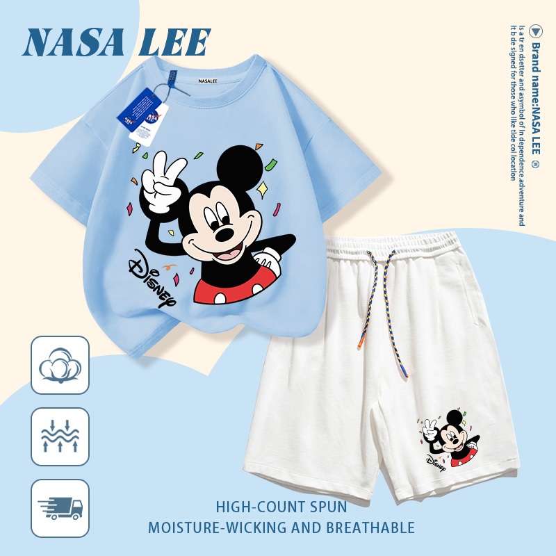 [Giao hàng trong ngày] Quần Short ngắn tay Cotton trắng cho trẻ em Bộ đồ hoạt hình Mickey in họa tiết dễ thương 3-16 tuổi Bé trai bé gái Bộ đồ hai mảnh thông thường