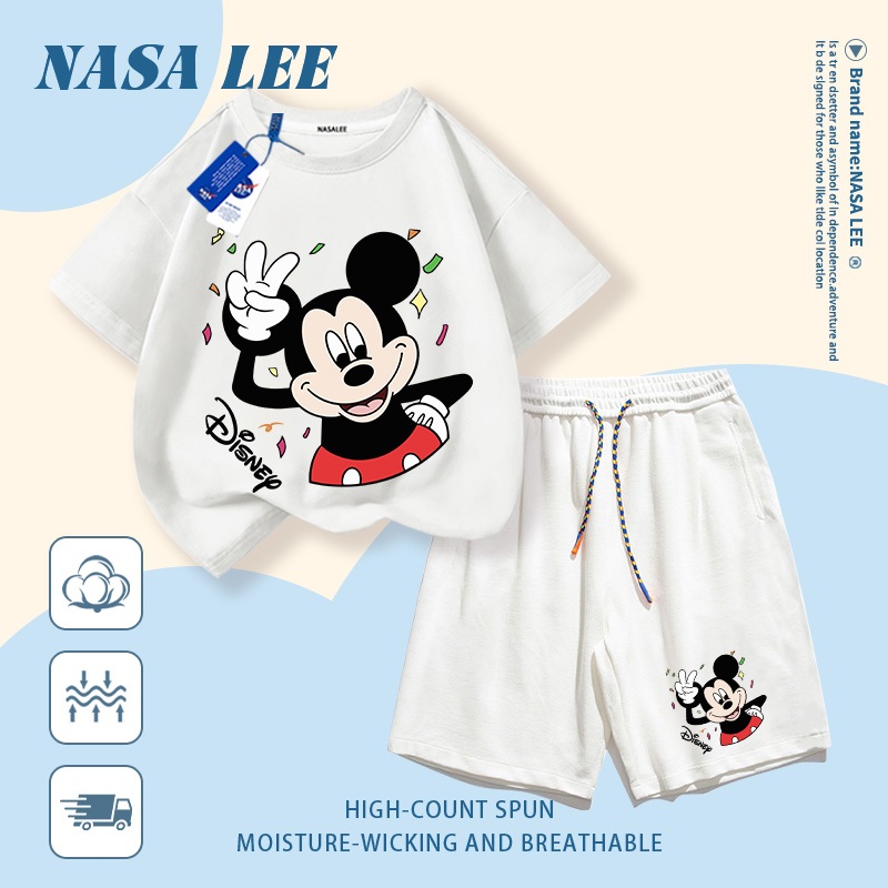 [Giao hàng trong ngày] Quần Short ngắn tay Cotton trắng cho trẻ em Bộ đồ hoạt hình Mickey in họa tiết dễ thương 3-16 tuổi Bé trai bé gái Bộ đồ hai mảnh thông thường