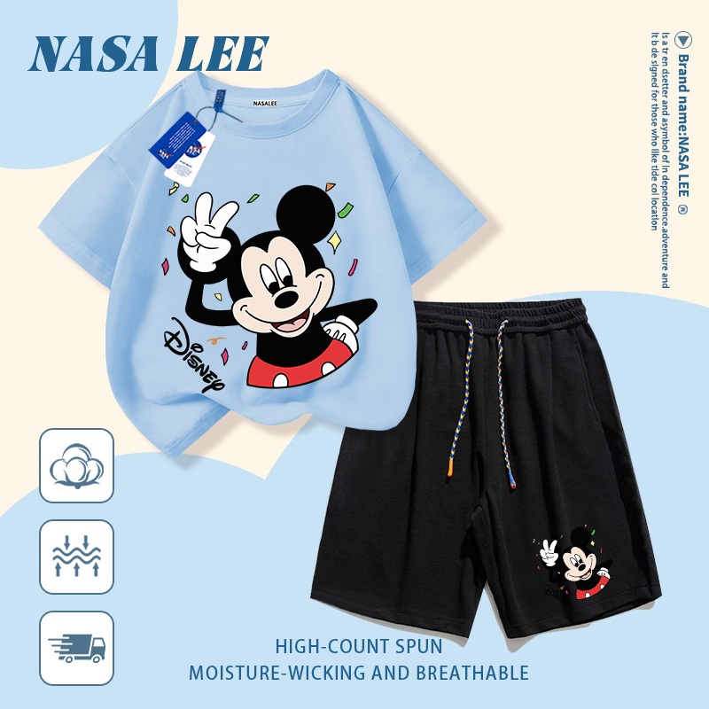 [Giao hàng trong ngày] Quần Short ngắn tay Cotton trắng cho trẻ em Bộ đồ hoạt hình Mickey in họa tiết dễ thương 3-16 tuổi Bé trai bé gái Bộ đồ hai mảnh thông thường