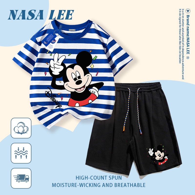 [Giao hàng trong ngày] Quần Short ngắn tay Cotton trắng cho trẻ em Bộ đồ hoạt hình Mickey in họa tiết dễ thương 3-16 tuổi Bé trai bé gái Bộ đồ hai mảnh thông thường