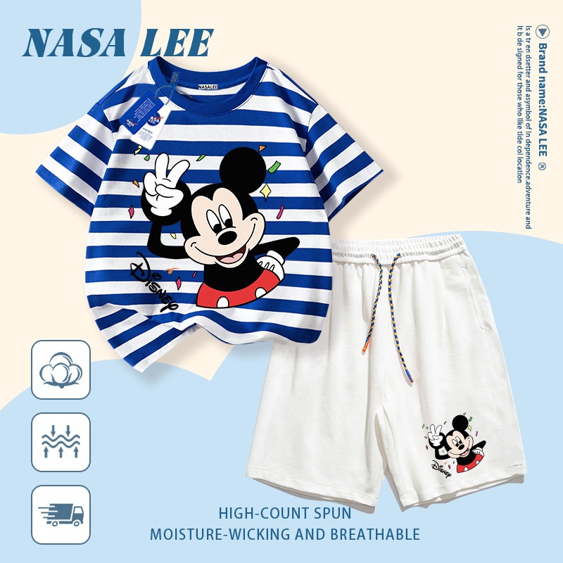 [Giao hàng trong ngày] Quần Short ngắn tay Cotton trắng cho trẻ em Bộ đồ hoạt hình Mickey in họa tiết dễ thương 3-16 tuổi Bé trai bé gái Bộ đồ hai mảnh thông thường