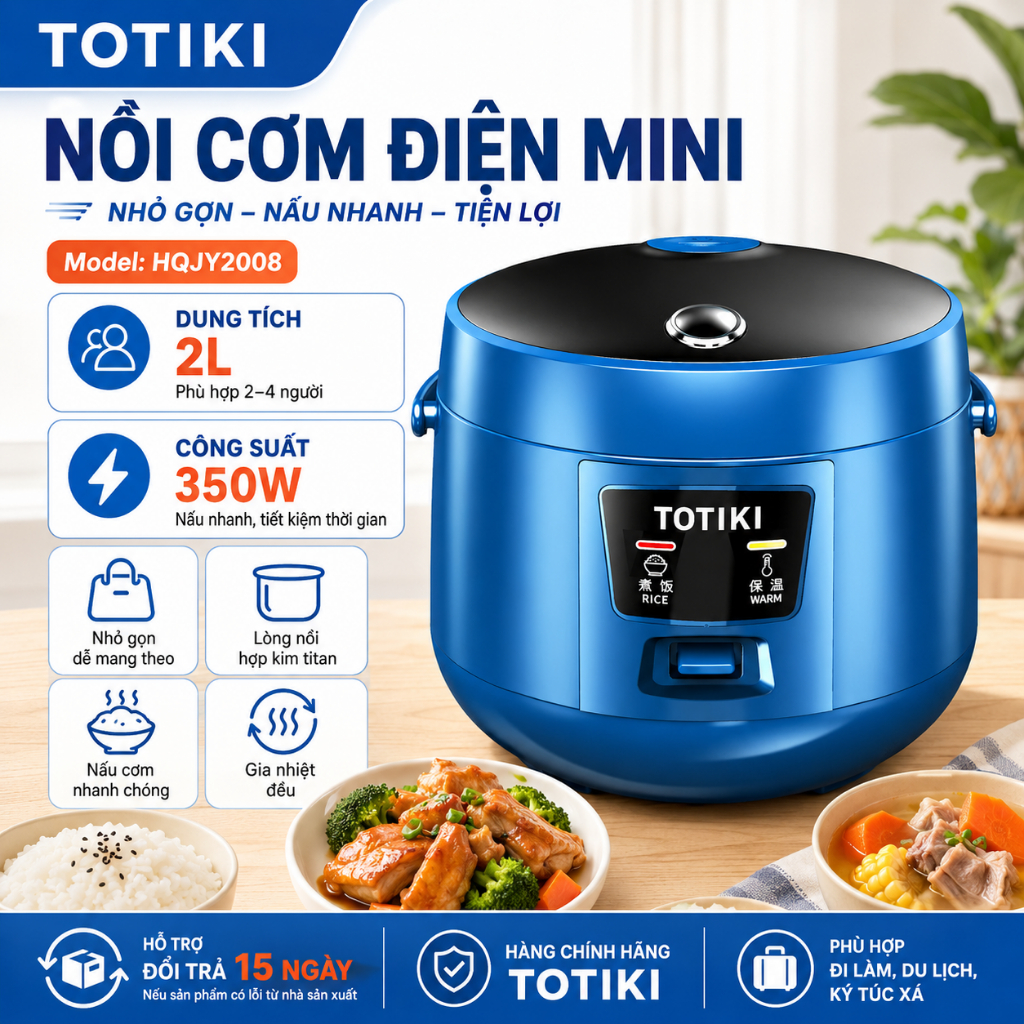 Nồi cơm điện Totiki JY2008, Dung tích 2L (nấu cơm 1L),350W, Lớp lót chống dính nhiều lớp, Cách nhiệt dày