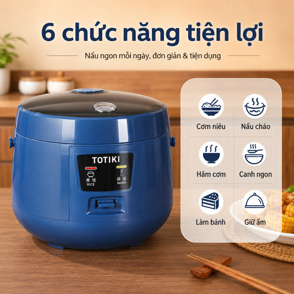 Nồi cơm điện Totiki JY2008, Dung tích 2L (nấu cơm 1L),350W, Lớp lót chống dính nhiều lớp, Cách nhiệt dày