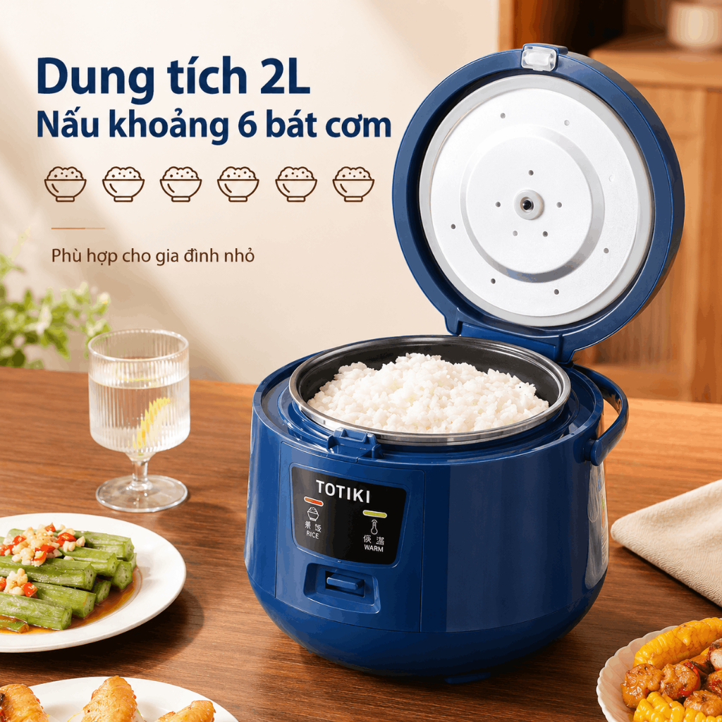 Nồi cơm điện Totiki JY2008, Dung tích 2L (nấu cơm 1L),350W, Lớp lót chống dính nhiều lớp, Cách nhiệt dày