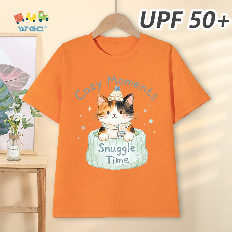 W.G.Q Áo thun bé gái，Phong cách mới mùa hè có chức năng chống nắng UPF50 +，Thoải mái mát mẻ，thấm mồ hôi thoáng khí，có in hình mèo con