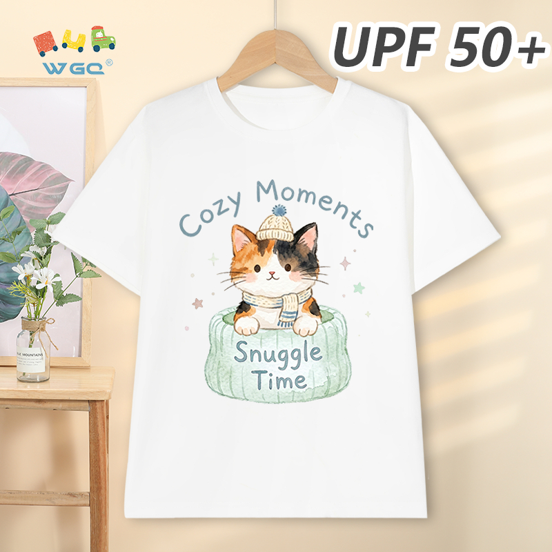 W.G.Q Áo thun bé gái，Phong cách mới mùa hè có chức năng chống nắng UPF50 +，Thoải mái mát mẻ，thấm mồ hôi thoáng khí，có in hình mèo con