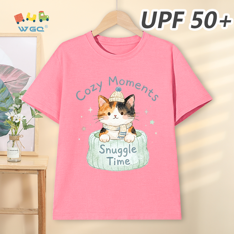 W.G.Q Áo thun bé gái，Phong cách mới mùa hè có chức năng chống nắng UPF50 +，Thoải mái mát mẻ，thấm mồ hôi thoáng khí，có in hình mèo con