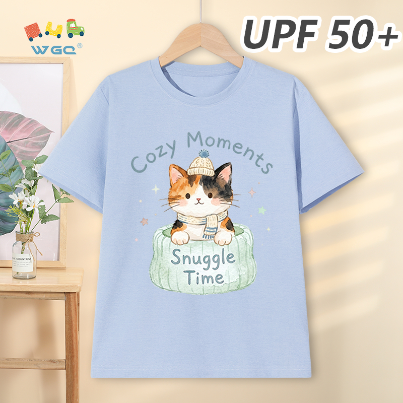 W.G.Q Áo thun bé gái，Phong cách mới mùa hè có chức năng chống nắng UPF50 +，Thoải mái mát mẻ，thấm mồ hôi thoáng khí，có in hình mèo con