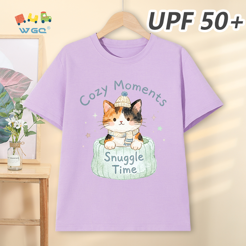 W.G.Q Áo thun bé gái，Phong cách mới mùa hè có chức năng chống nắng UPF50 +，Thoải mái mát mẻ，thấm mồ hôi thoáng khí，có in hình mèo con