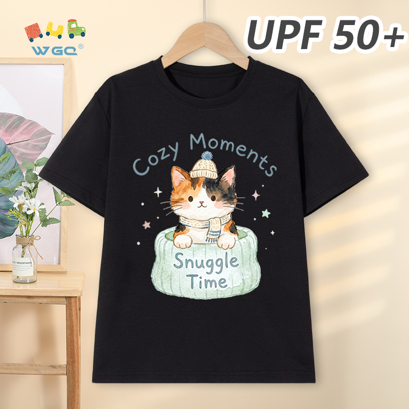 W.G.Q Áo thun bé gái，Phong cách mới mùa hè có chức năng chống nắng UPF50 +，Thoải mái mát mẻ，thấm mồ hôi thoáng khí，có in hình mèo con