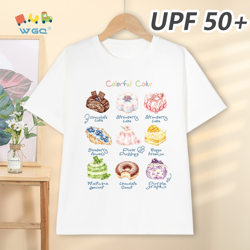 W.G.Q Áo thun bé gái，Phong cách mới mùa hè có chức năng chống nắng UPF50 +，Thoải mái mát mẻ，thấm mồ hôi thoáng khí，có in bánh