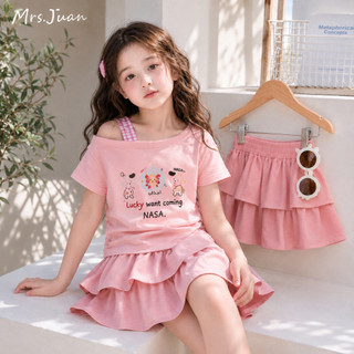 Set bé gái lệch vai mùa hè - Áo in thú vui nhộn + váy tầng xếp lớp phong cách năng động dễ phối