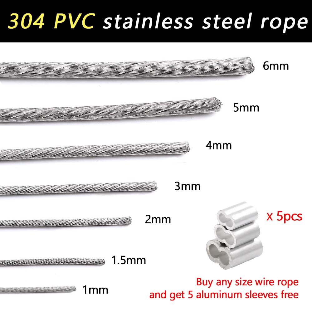 Dây thép mềm phủ PVC 304 Dây 1-6mm Chiều dài 10m-50m Dây phơi quần áo bằng thép không gỉ Dawai cho ban công
