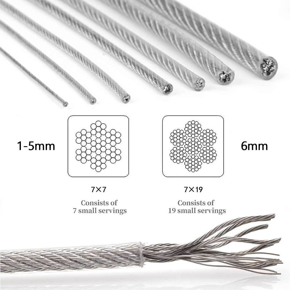 Dây thép mềm phủ PVC 304 Dây 1-6mm Chiều dài 10m-50m Dây phơi quần áo bằng thép không gỉ Dawai cho ban công