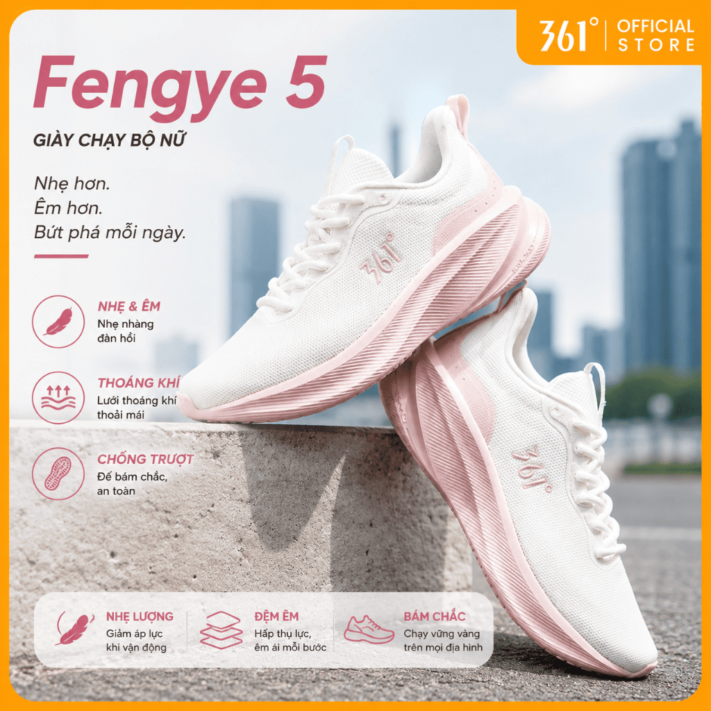 [5KM] 361 Độ Fengye 5  Giày Thể Thao Đế Mềm Cho Nữ, Nhẹ và Thoáng Khí với Công Nghệ Chống SốC Giày chạy bộ siêu êm