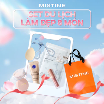 MISTINE Set Du Lịch Tiện Lợi Gồm Kem Nền Mini 5g, Son Tint Mini 1.3g, Phấn Phủ Mini 2g, Mút Trang Điểm, Bấm Mi, Mặt Nạ 25ml, Kẹp Tóc/Băng Đô | Kèm Túi Giấy Xinh Xắn