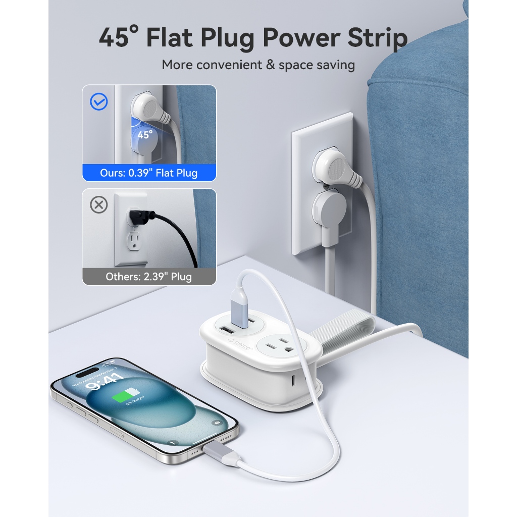 ORICO US Plug - Dây nối dài di động dải nguồn du lịch với 2 ổ cắm 2AC Cổng 2USB-A Cổng 1USB-C (AP3-2A) *