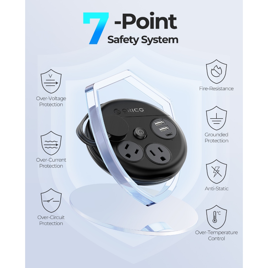 ORICO US Plug - Dây nối dài di động có cổng USB Cáp gói để cắm trại ngoài trời Văn phòng tại nhà (OR-3A-US)