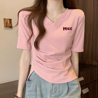 [MIZIQI] Áo thun ngắn tay cổ chữ V Cotton nguyên chất dành cho nữ, Áo thun nữ xẻ viền không đều