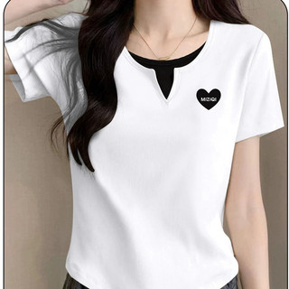 [MIZIQI] Áo thun ngắn tay hai mảnh Cotton nguyên chất cỡ lớn dành cho nữ, Áo thun ngắn tay in hình trái tim nguyên bản