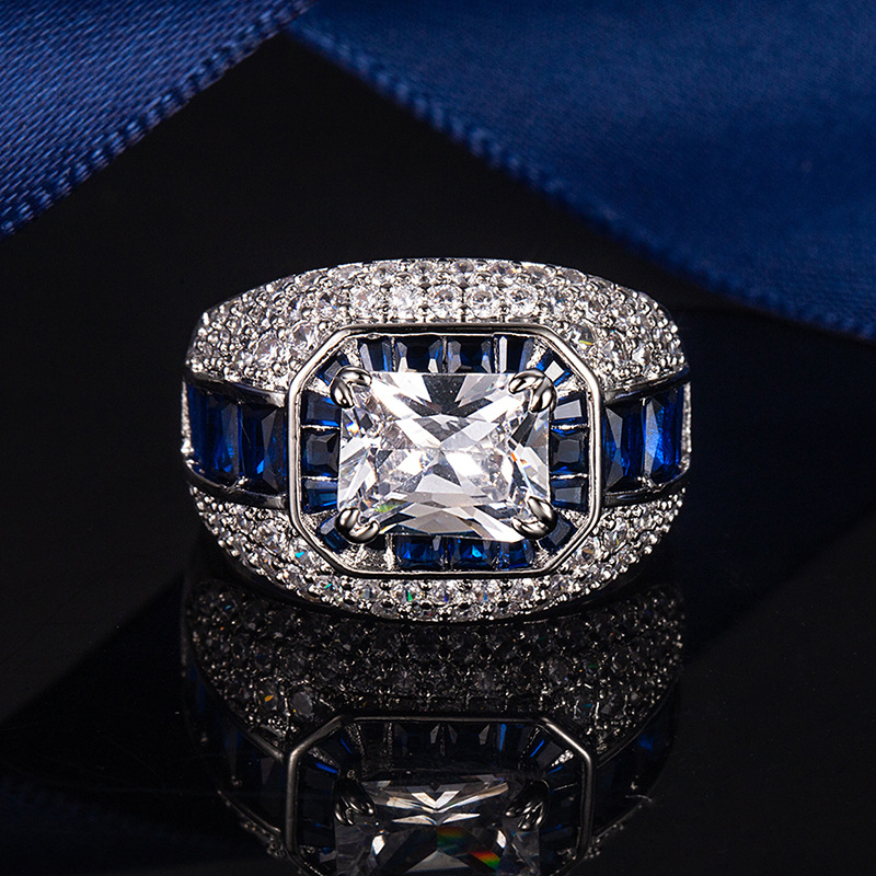 Nhẫn nam Sapphire, nhẫn kim cương Moissanite giả nặng nề, nhẫn đính hôn