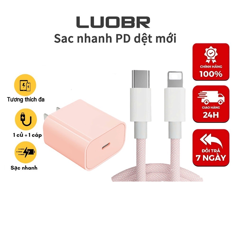 LUOBR [Bộ sạc nhanh lP PD20W] Sạc nhanh + Cáp sạc nhanh nhẹ, Cáp dài 1m, Cáp bện 5 màu, An toàn, Cho lP6 - lP14 pro max