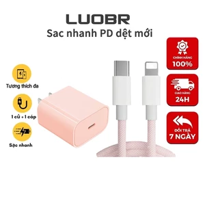 LUOBR [Bộ sạc nhanh lP PD20W] Sạc nhanh + Cáp sạc nhanh nhẹ, Cáp dài 1m, Cáp bện 5 màu, An toàn, Cho lP6 - lP14 pro max
