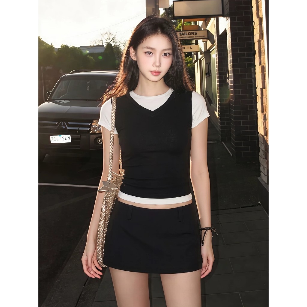 [BANKO] Phiên Bản Hàn Quốc Nữ Mùa Hè Phong Cách Mới Slim-fit Ôm Hơn Nhìn Giả Hai Mảnh Đen Trắng Áo Thun Ngắn Tay