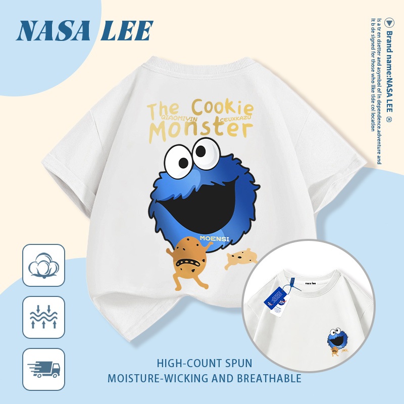 [Giao hàng trong ngày] Áo thun Cotton trắng nguyên chất thoáng khí cho trẻ em NASA Phim hoạt hình Sesame Street In hình hợp thời trang 3-16 tuổi Bé trai bé gái tay ngắn thông thường