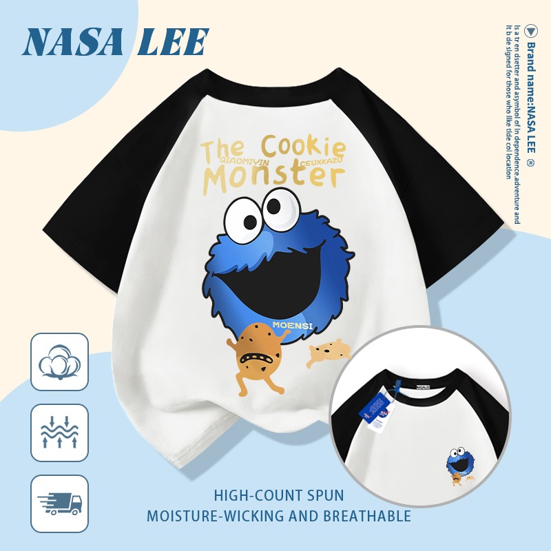 [Giao hàng trong ngày] Áo thun Cotton trắng nguyên chất thoáng khí cho trẻ em NASA Phim hoạt hình Sesame Street In hình hợp thời trang 3-16 tuổi Bé trai bé gái tay ngắn thông thường