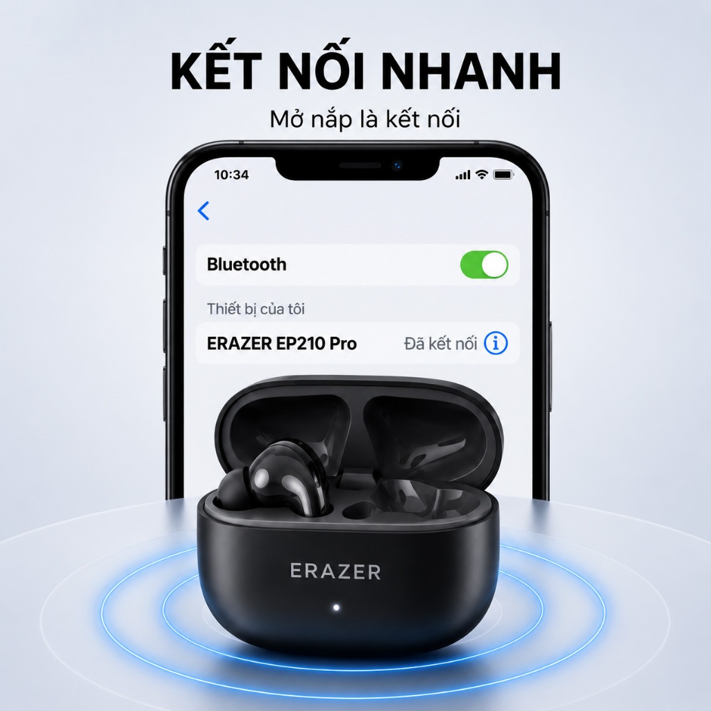 Tai Nghe Bluetooth Không Dây ERAZER EP210 Pro TWS, Bass Mạnh, Pin 20H, Đeo Êm, Mic Gọi Rõ