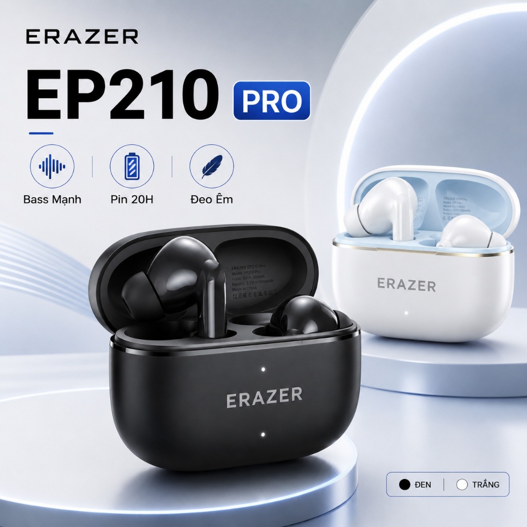 Tai Nghe Bluetooth Không Dây ERAZER EP210 Pro TWS, Bass Mạnh, Pin 20H, Đeo Êm, Mic Gọi Rõ