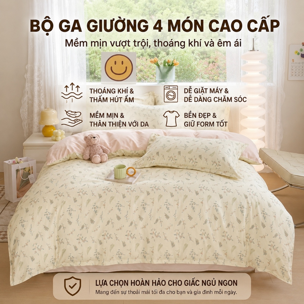 ✨Bộ chăn ga gối hoa Pastel 4 trong 1 mềm mại thoáng khí Tất cả các mùa được trang bị