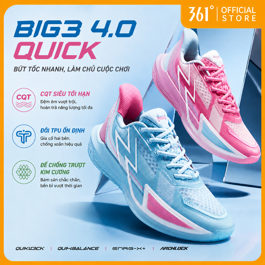 Giày bóng rổ nam nữ nhanh 361 độ BIG3 4.0 chống trượt thoáng khí bền để chơi trên bàn 672321105 572321105