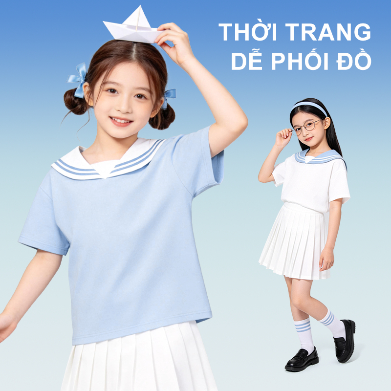 W.G.Q Áo thun bé gái，Thiết kế cổ áo hải quân phong cách Preppy，In nơ, dáng rộng vừa vặn thoáng khí thoải mái，Phong cách bán chạy mùa hè