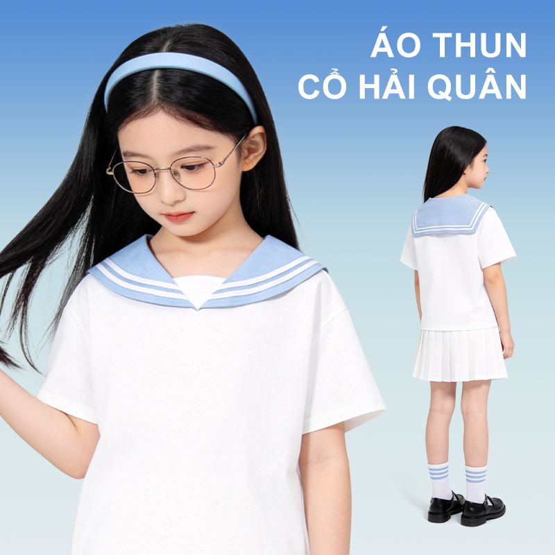 W.G.Q Áo thun bé gái，Thiết kế cổ áo hải quân phong cách Preppy，In nơ, dáng rộng vừa vặn thoáng khí thoải mái，Phong cách bán chạy mùa hè