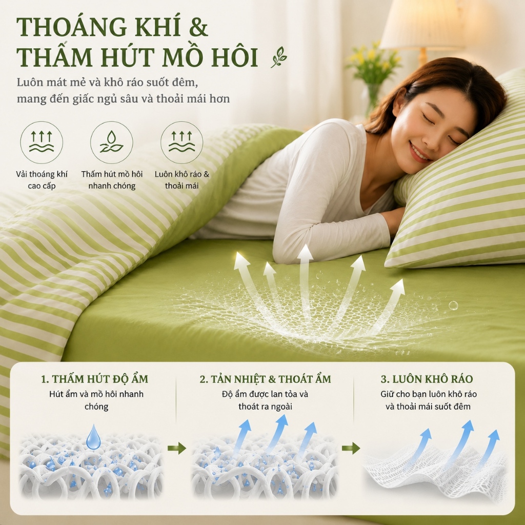 Bộ Chăn Ga Gối 4 Món Sọc Xanh Lá Mát Mẻ, Sẵn Kho, Ship Miễn Phí, Mềm Mại Thoáng Khí